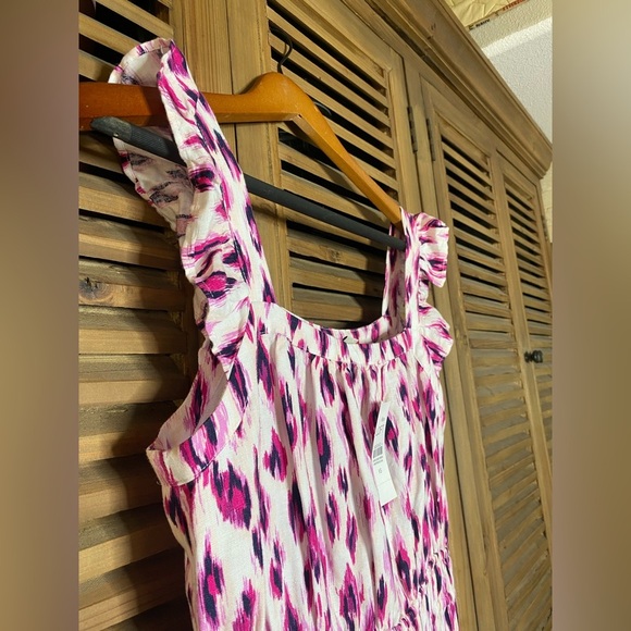 Loft Linen blend Square Neck pink Animal Print airy flowy Midi Dress size XS - Picture 6 of 7